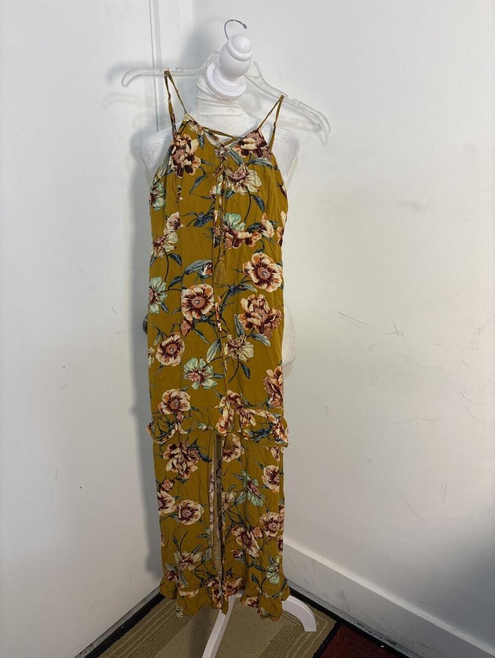 Mustard Yellow Size Large Floral Xhileration Tie Up Dress Size XS Front Split